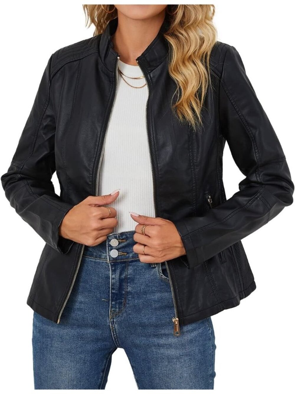 Women’s Coal Black Faux Leather Moto Jacket Lightweight Casual Biker Coat